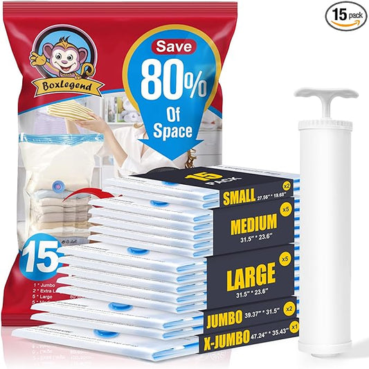 BoxLegend Vacuum Storage Bags with Large Hand Pump 15 Combo (1X-Jumbo, 2 Jumbo, 5 Large, 5 Medium, 2 Small) Thickened Vacuum Seal Bags for Clothing Pillow Comforters Bedding,1 Large Pump
