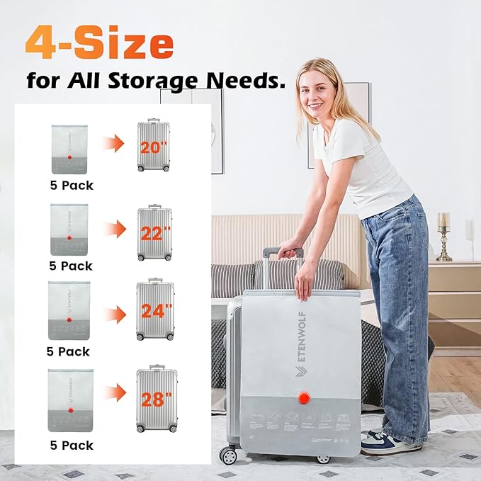 ETENWOLF 20 Pack Vacuum Seal Bags for Clothing with Rechargeable Wireless Pump,Travel Vacuum Storage Bags for Luggage and Suitcase Space Saver Compression Bags in 4 Carry-On Sizes (20/22/24/28Inch)