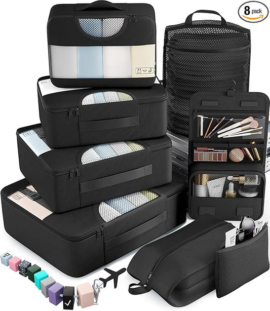 Veken 10 Set/8 Set Packing Cubes for Travel Essentials, Suitcase Organizer Bags in 4 Sizes, Carry-On Luggage Accessories with Laundry Bag & Passport Holder, Airplane Must Have, Camp Gifts for Men