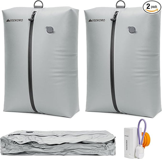 Vacuum Bag for Travel, Professional IPX8 Waterproof Reusable Vacuum Compression Bags for Travel Suitcases, Durable Space Saver Bag(2 PACK TPU Gray,With Pump)