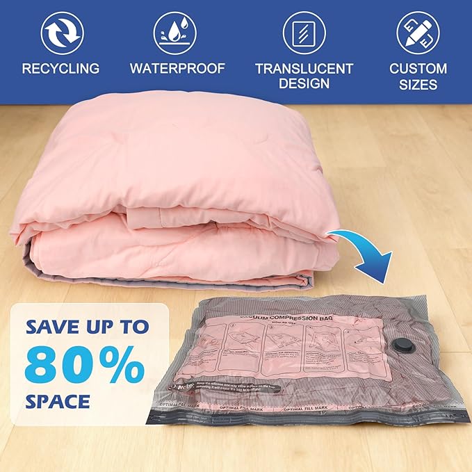 Fantictas Travel Vacuum Storage Bags with Rechargeable Air Pump, 12 Pack Portable Space Saver Compression Bags for Clothing, Bedding, Seasonal Storage & Packing
