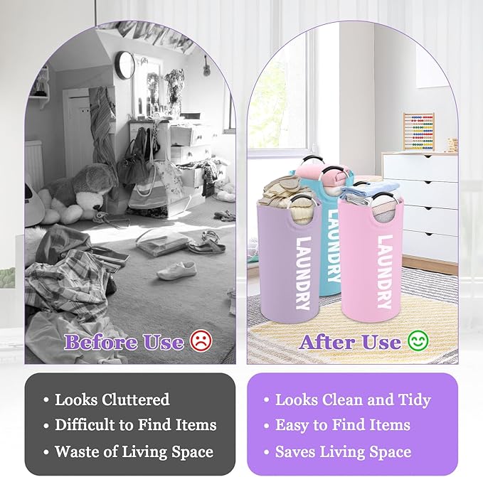 3PCS 95L Laundry Basket, Collapsible Clothes Hamper with Handle, 600D Oxford Cloth Laundry Bin, Stand-alone Dirty Clothes Hamper for Livingroom, Bedroom, Family, Pink+Blue+Purple