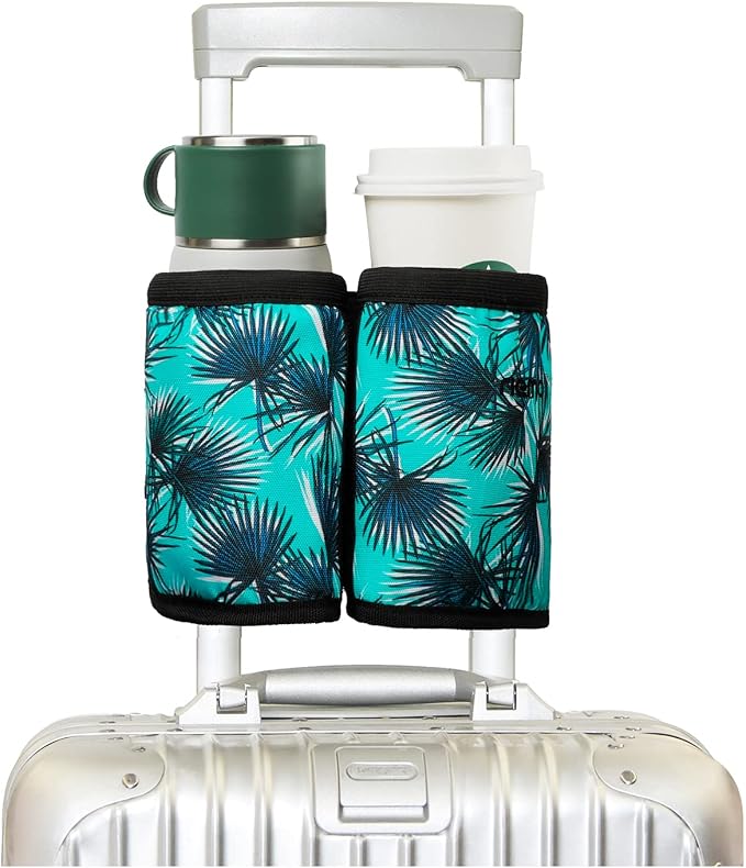 riemot Luggage Travel Cup Holder Free Hand Drink Carrier - Hold Two Coffee Mugs - Fits Roll on Suitcase Handles - Gifts for Flight Attendants Travelers Accessories Vacation Leaf by riemot