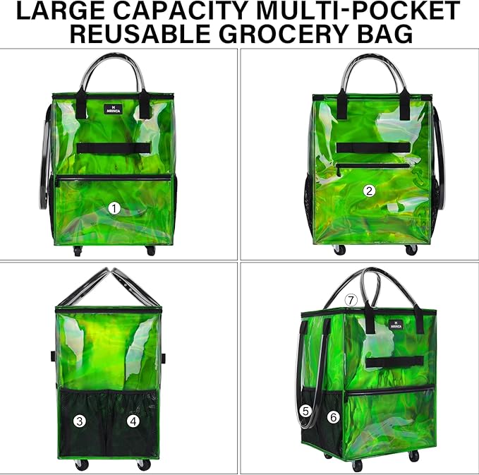 Reusable Grocery Bag On Wheels, 70L Foldable Shopping Cart with Multiple Pockets & 3-Way Carry System, Zippered Top, Heavy Duty Handles for Groceries, Camping, Moving, Medium, Gradient Green