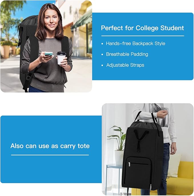 Bukere Laundry Backpack Bag, Extra Large 2 in 1 Laundry Hamper Basket for College Students Dorm Essentials, Adjustable Shoulder Straps, Freestanding Laundry Bag (Black&Black)