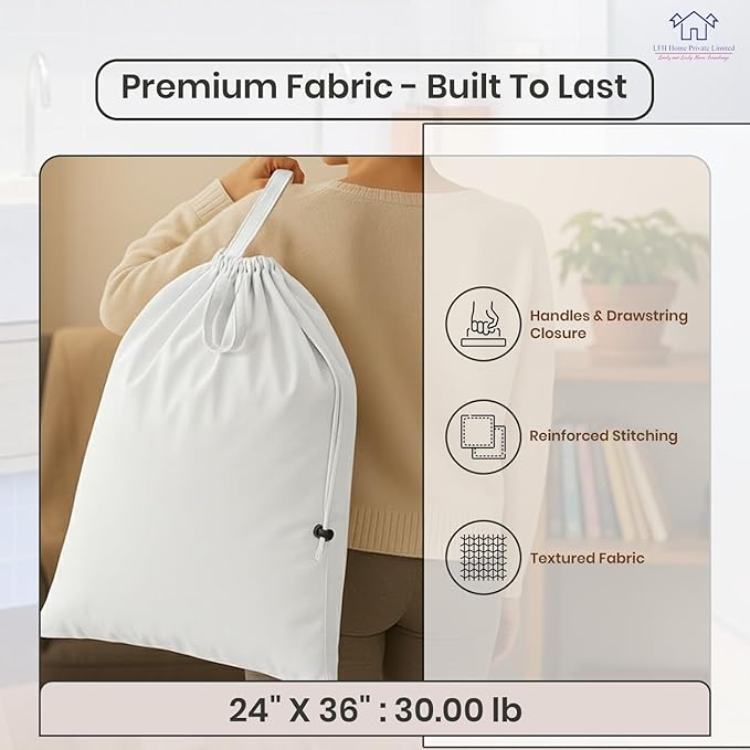 LFH Home Cotton Canvas Extra Large Laundry Bag with Handle, Stylish Drawstring Heavy Duty Laundry Bags For Travel, Home, Hotel, College Dorm and Camp Storage Bag 24x36 Inch, White