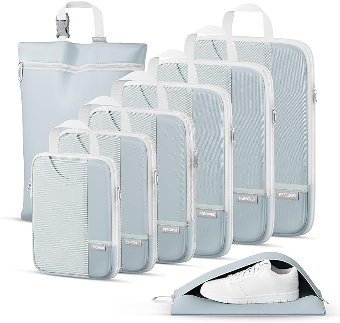 Percover Compression Packing Cubes for Travel, 8-Piece Structured Compression Organizer Set with Laundry Bag & Shoe Bag for Carry-On & Checked Luggage, Slate Blue