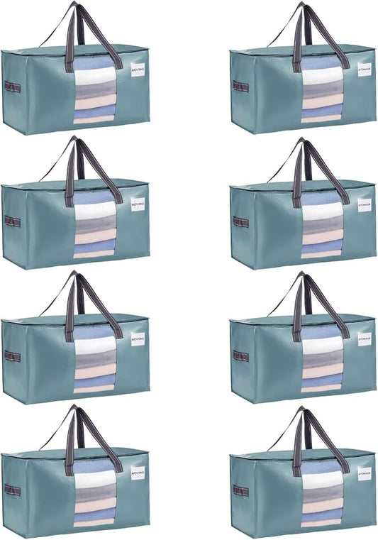 VENO 8 Pack Heavy Duty Moving Bags, Clothes and Comforter Storage Bags with Clear Window, College Dorm Essentials Packing Supplies, Foldable Boxes Alternative (Shiny Light Blue, 8 Pack)