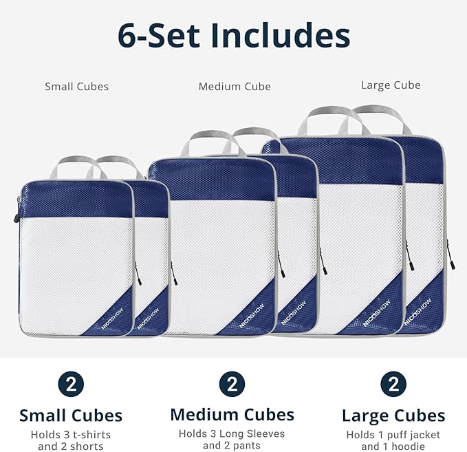 NICOSHOW 6 Set Compression Packing Cubes for Travel - Compressible, Lightweight, and Space-Saving Packing Cubes, Travel Essentials for Women, Navy