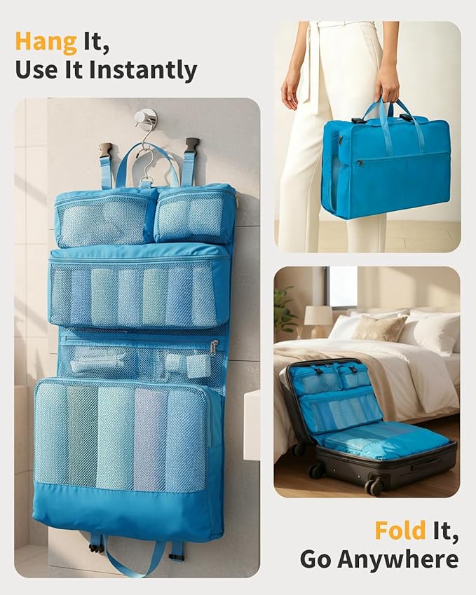 ECOHUB 8-in-1 Hanging Packing Cubes, Foldable Travel Storage Bag, Travel Organizer Expandable Packing Cube for Suitcase or Luggage (Pacific Teal)
