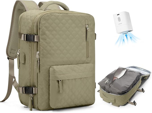 WONHOX Travel Vacuum Storage Backpack with Air Pump Vacuum Seal Compression Space Saver Bags Clothing Vacpack 18x14x8 inches Travel Bag Carry on Personal item Laptop Work Backpacks Women Men Khaki
