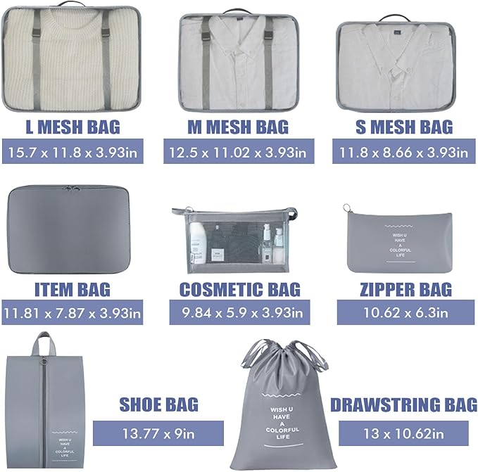 8 Set Packing Cubes for Suitcases, INVODA Travel Luggage Packing Organizers with Laundry Bag, Compression Storage Shoe Bag, Clothing Underwear Bag (Grey)