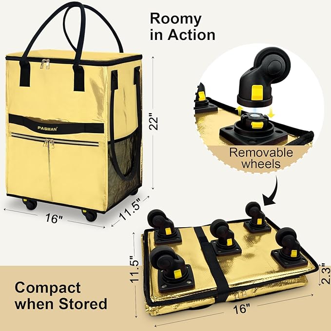 Reusable Grocery Bag on 5 Wheels, Foldable Rolling Tote Bag with Handle and Zipper Cover, 4 Pockets, Heavy Duty Shopping Cart for Laundry, Market & Travel (Gold 67L)