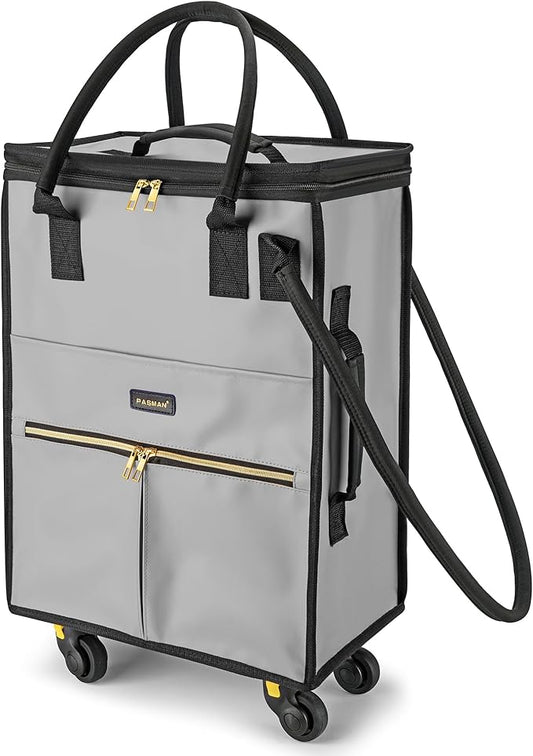 Reusable Grocery Bag on Wheels, Foldable Rolling Duffle Bag, Carry on Luggage Bag with Handle and Zipper Cover for Travel, Lightweight Rolling Tote Shopping Carts (Matte-Grey, Small_41L)