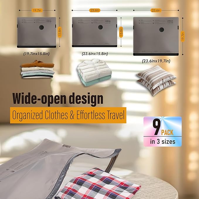 Rechargeable Wireless Pump Vacuum Bags, Portable Storage Bags for Travel and Home, Compression Packing Seal for Clothing, Clothes, Blankets, Luggage, Suitcase (9 Combo Travel Size)