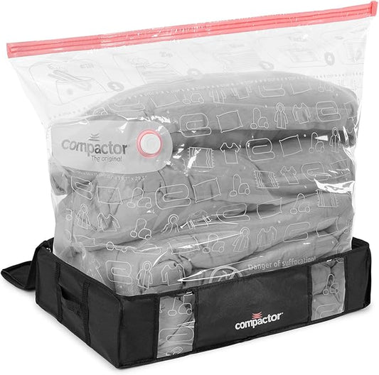 Compactor Under Bed Vacuum Storage Bag with Semi-Rigid Box, Closet Organizer, Vacuum Seal Bags for Clothing and Bedding, Fits All Vacuum and Nozzle Types, 145L, Large, Black