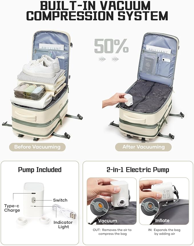 wepadre Vacuum Backpack Travel with Pump Travel Backpack with Vacuum System Expandable Vacpack Compression Backpacks for Travel Easy Vac Pack Carry on Luggage