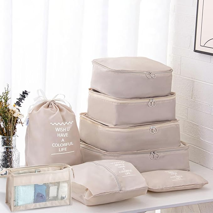 8 Set Packing Cubes for Suitcases, INVODA Travel Luggage Packing Organizers with Laundry Bag, Compression Storage Shoe Bag, Clothing Underwear Bag (Beige)