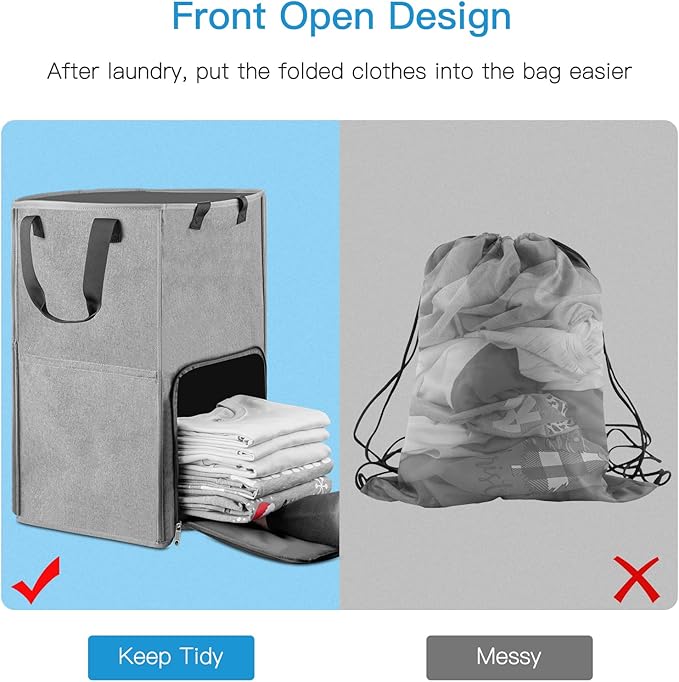 Bukere Laundry Backpack Bag, Extra Large 2 in 1 Laundry Hamper Basket for College Students Dorm Essentials, Adjustable Shoulder Straps, Freestanding Laundry Bag(Grey&Grey)