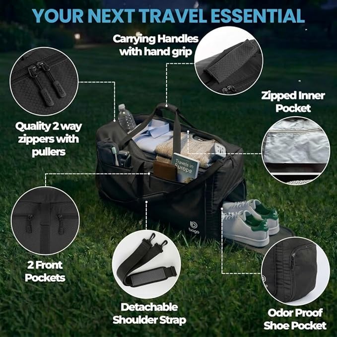 Bago Large Duffle Bag for Travel Women & Men. Durable Lightweight Foldable Travel Duffel Bags For Traveling Women. 80L Duffle Bags For Overnight Bag With Shoe Compartment Collapsible Weekender duffel