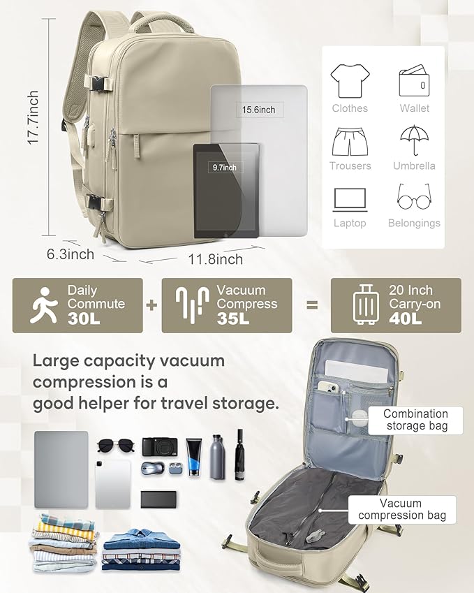 suwasp Vacuum Compression Backpack, 40L Expandable Travel Backpack with Electric Vacpack Pump, Travel Vacuum Bags with Shoe Compartment/15.6inch Laptop Compartment/USB Port, Khaki