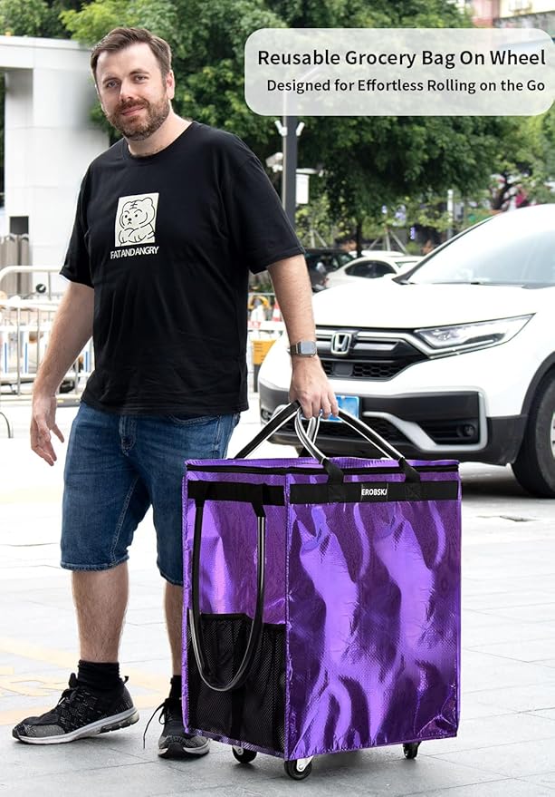 (Medium, Light Purple) Reusable Grocery Bag on Wheels, 70L Foldable Rolling Tote, Carries Up to 66 lbs Shopping Trolley, Zipper Clouser Shopping Carts for Trips, Laundry, 4 Heavy Duty Wheels