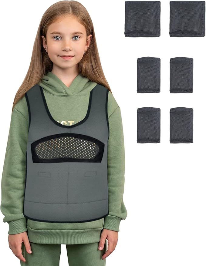 Compression Vest for Kids-Grey, Weighted Vest for Kids Including 6 Removable Weights, (Medium, Ages 5 to 9)