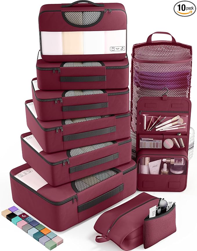 Veken 10 Set Packing Cubes for Travel Essential, Suitcase Organizer Bags in 4 Sizes, Carry-On Luggage Accessories with Large Laundry & Hanging Toiletry Bag, Must-Have for Airplane, Road Trip & Camping