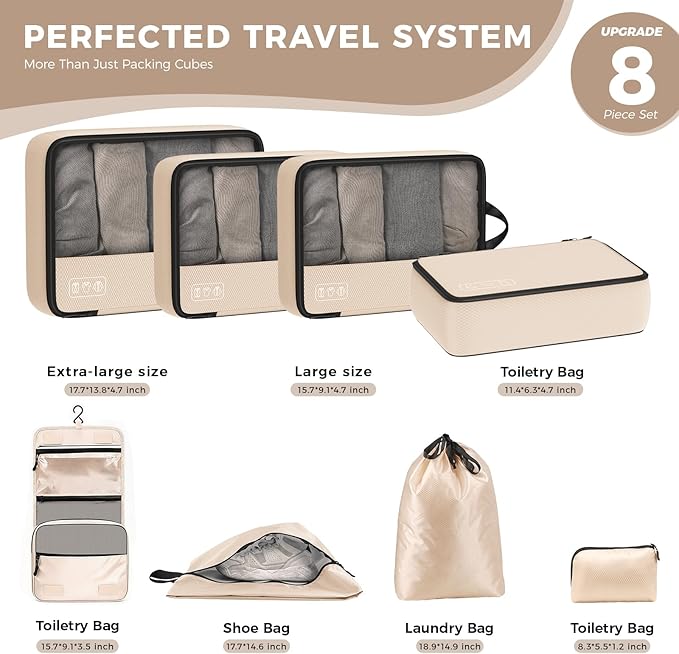 8-Piece Compression Packing Cubes for Travel, Ultralight Aesthetic Luggage Organizer Set, Space Saving Double Zipper Design for Carry-On & Suitcase Organizer, Travel Essentials- Beige