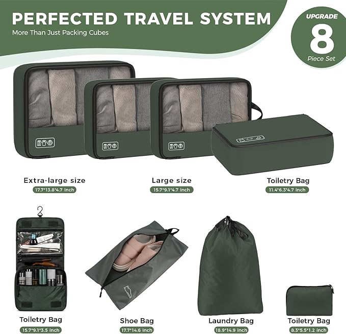 8-Piece Compression Packing Cubes for Travel, Trendy Luggage Organizer Set for Young Travelers, Space Saving for Carry-On, Suitcase, Vacation & Weekend Trips - Avocado Green