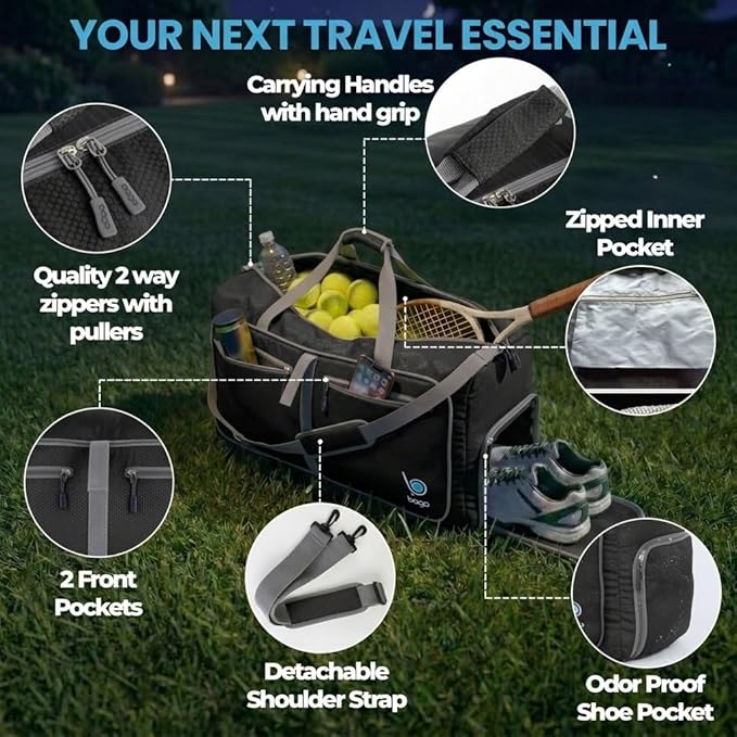 Bago Medium Duffle Bag for Travel Women & Men. Durable Lightweight Foldable Travel Duffel Bags For Traveling Women. 60L Duffle Bags For Overnight Bag With Shoe Compartment Collapsible Weekender duffel