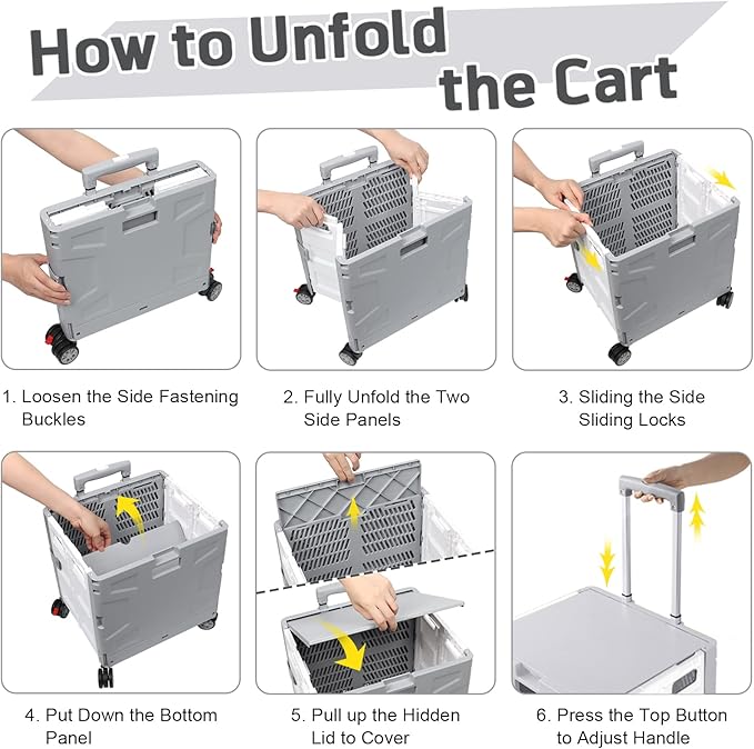 FELICON Folding Utility Cart Portable Rolling Crate Handcart with Durable Heavy Duty Plastic Telescoping Handle Collapsible Hidden Lid 4Rotate Wheels for Travel Shop Move Office Teacher(Gray&White)