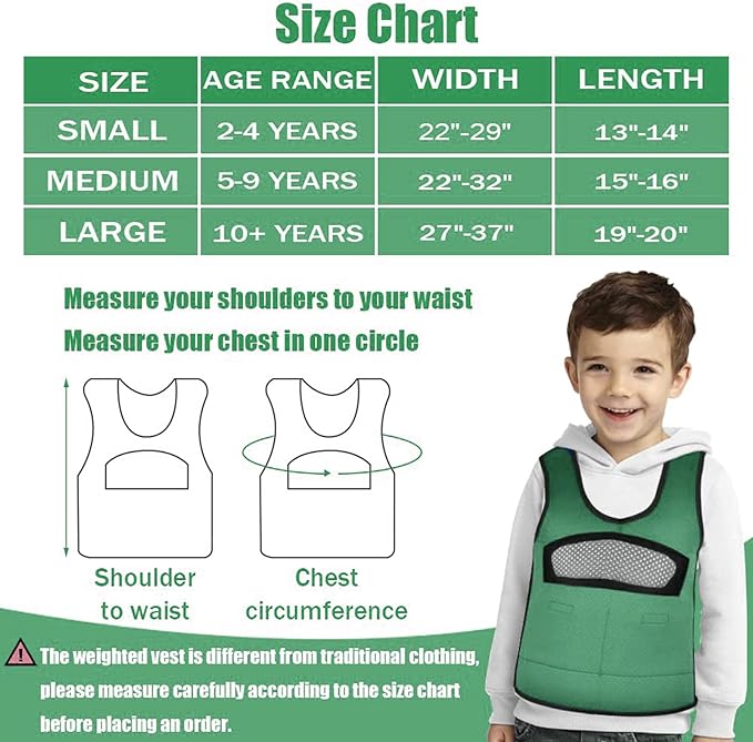 Compression Vest for Kids-Green, Weighted Vest for Kids Including 6 Removable Weights, (Medium, Ages 5 to 9)