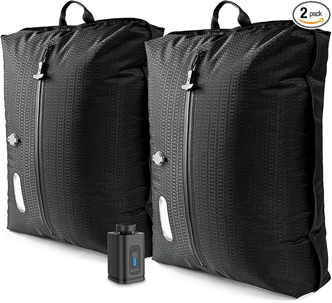 Vacuum Travel Bags with Pump–Electric Wireless Air Pump, Double Layer Vacuum Seal Bags for Clothing Travel, 2PC Airless vacuum bags for travel with IP67 Waterproof (2PC+Pump)
