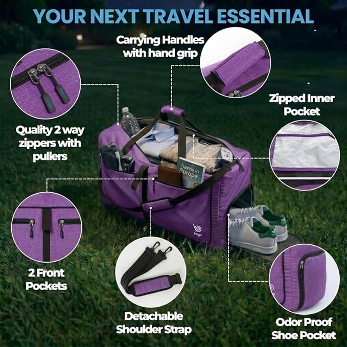Bago Large Duffle Bag for Travel Women & Men. Durable Lightweight Foldable Travel Duffel Bags For Traveling Women. 80L Duffle Bags For Overnight Bag With Shoe Compartment Collapsible Weekender duffel