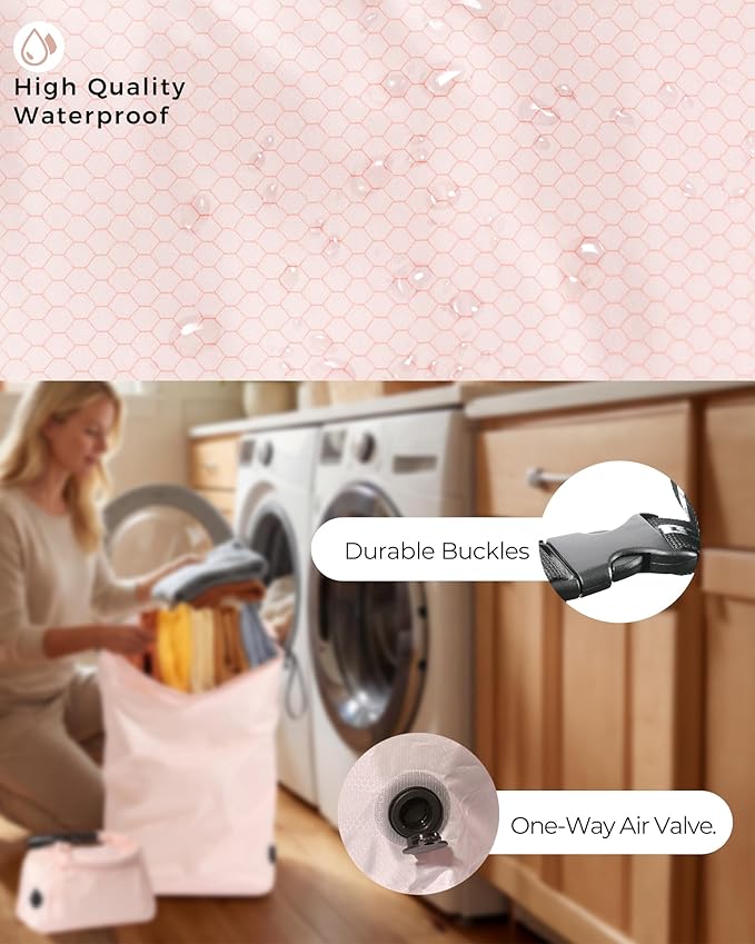 Travel Laundry Bag, Pump-Free Vacuum Compression Dirty Clothes Bag, Reusable Waterproof & Washable Laundry Bag, Wet and Dry Bag, Ideal for Suitcases, Road Trip Essentials (2 Pcs, L+L) Pink