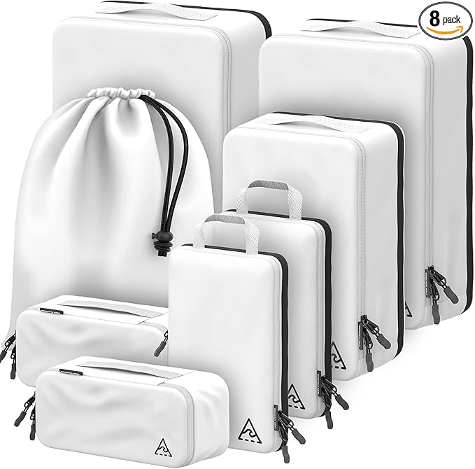 Well Traveled 8 pcs Compression Packing Bags Cubes Set with HybridMax Double-Capacity Design - Packing Cubes for Travel Compression to Maximize Limited Luggage Space, White