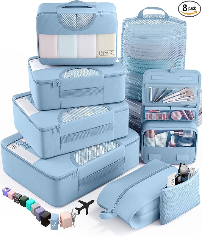 Veken 8 Set Packing Cubes for Travel Essentials, Suitcase Organizer Bags in 4 Sizes, Carry-On Luggage Accessories with Large Laundry & Hanging Toiletry Bag, Must-Have for Airplane, Road Trip & Camping