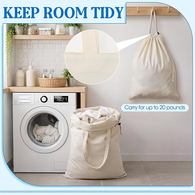 Zhehao 6 Packs Canvas Laundry Bags 20" x 28" Thick Heavy Duty Cotton Laundry Bag with Handles & Drawstring Fit a Basket or Hamper Perfect for College Dorm Apartment Dwellers and Travel (White)