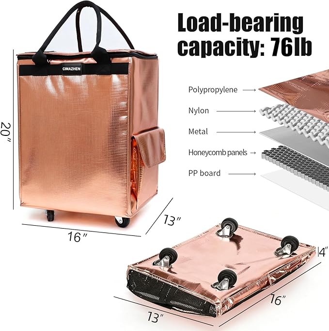(Medium,Rose Gold) Reusable Grocery Bag on 4 Wheels, Foldable Rolling Tote Bag with 3 Handles and Zipper, Storage Organizer for Groceries, Rolling Shopping Cart for Travel, 76lb