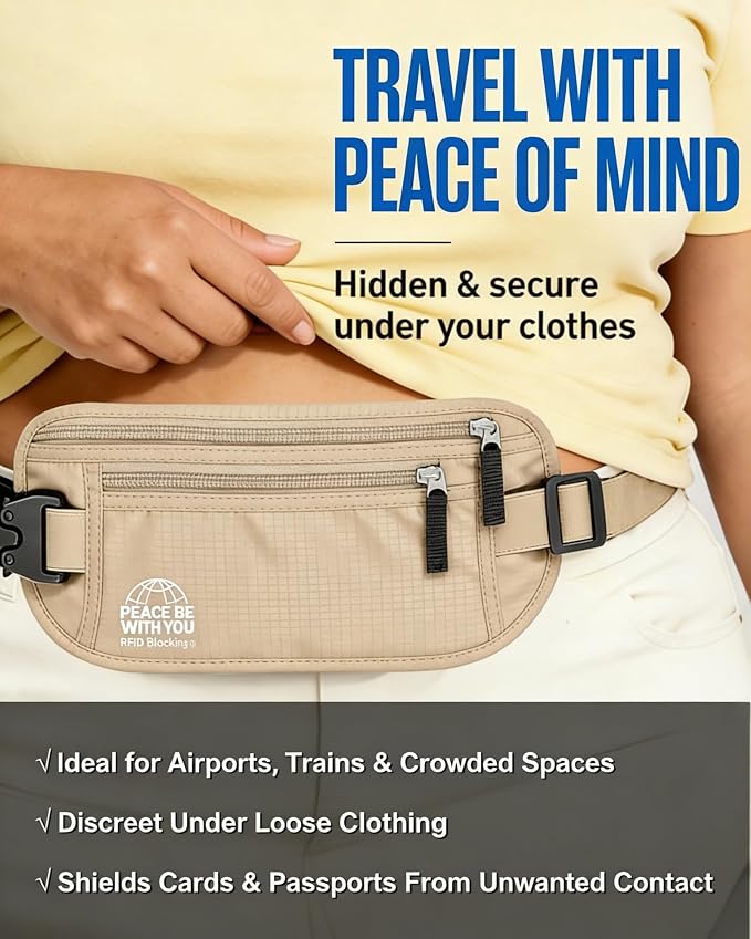 Money Belt for Travel, Passport Holder, RFID Blocking, Sweat-Proof, Beige - Image 2