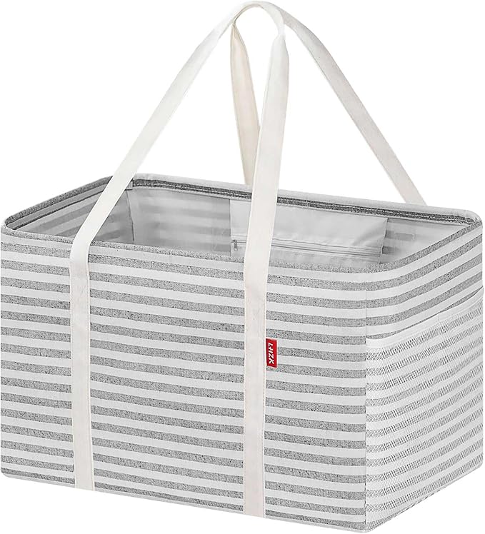 LHZK Standing Utility Tote Bag with Metal Wire Frame and the Sides Rinforced, Large Tote Bag with Handle, Reusable Grocery Bags Foldable, Beach Bag, Car Tote (Gray, 18.5''x11.8''x11.5'') | Metal Wire Frame