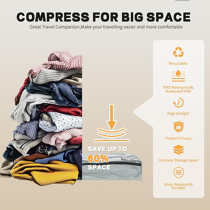 Reusable Vacuum Bags for Travel,Professional Waterproof IPX8 Vacuum Compression Bag for Suitcases Backpack,Space Saver Bags Packing Organizers for Clothing Packing(2 Pack,Dark Grey)