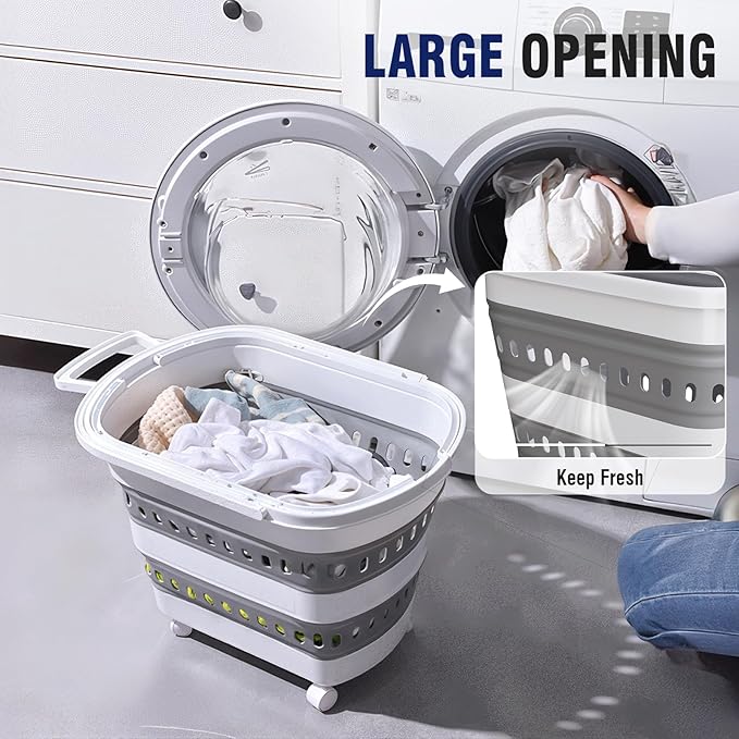 Collapsible Plastic Laundry Basket Hamper with Wheels, 45L Portable Rubber Clothes Basket, Pop Up Storage Container/Organizer with Hanging basket for Washing & Storage, Grey