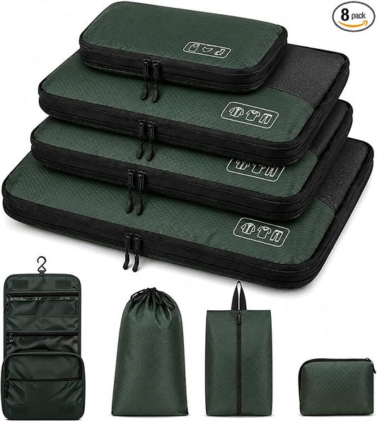 8-Piece Compression Packing Cubes for Travel, Trendy Luggage Organizer Set for Young Travelers, Space Saving for Carry-On, Suitcase, Vacation & Weekend Trips - Avocado Green