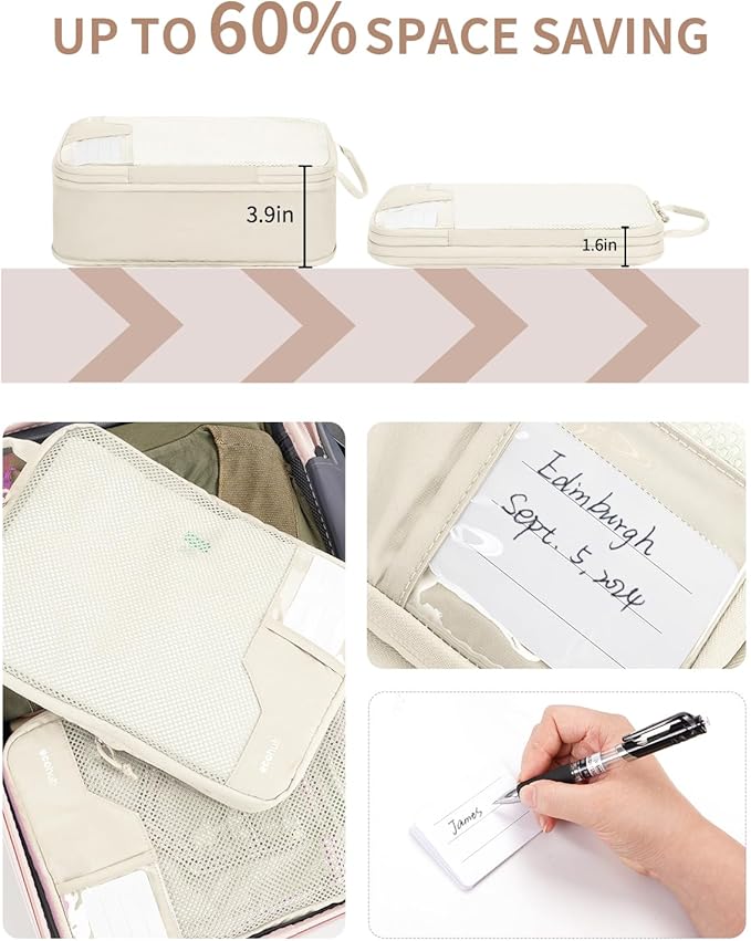 ECOHUB 4 Set Compression Packing Cubes for Travel Essentials, Suitcases Organizer Bags with Tag, Travel Bags Organizer for Luggage, Beige-Compress