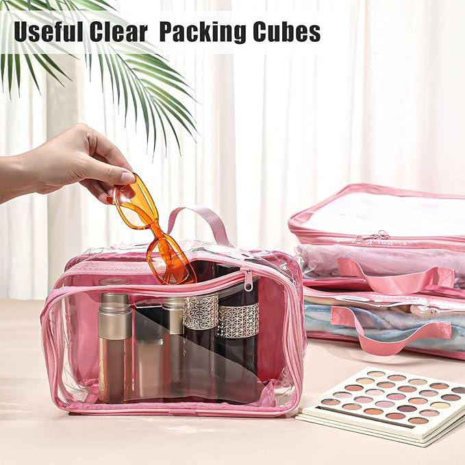 Hillban 6 Pcs Pink Large Clear Travel Packing Cube 3 Sizes See Through PVC Organizer for Suitcase Multipurpose Pouch with Handle Vinyl Zippered Storage Bags Luggage Cube Organizer