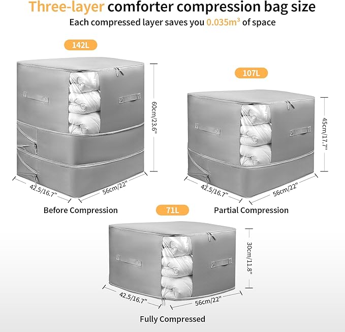 2 Pack Upgrade Comforter Storage Bag with Handle, Space Saving 3-Layer Adjustable In 3 Sizes (142L, 107L, 71L), Compression Blanket Storage Bags, Washable Bedding Organizer For Pillow Duvet Clothing