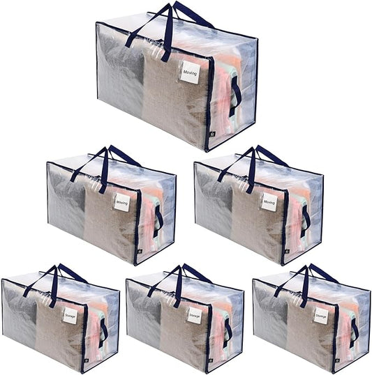 VENO 6 Pack Clear Extra Large Moving Bags & Storage Totes, Heavy Duty Organizer with Reinforced Handles & Strong Zippers for Clothes, College Dorm Essentials, Moving Supplies