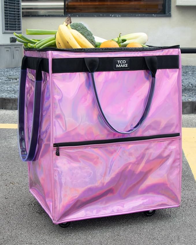 (Large, Phantom Pink) Reusable Grocery Bag on Wheels, Shopping Bags with Wheels and Handle, Folding Rolling Tote, Zipper Cover, Carries Up to 76 LBS, for Laundry, Picnic